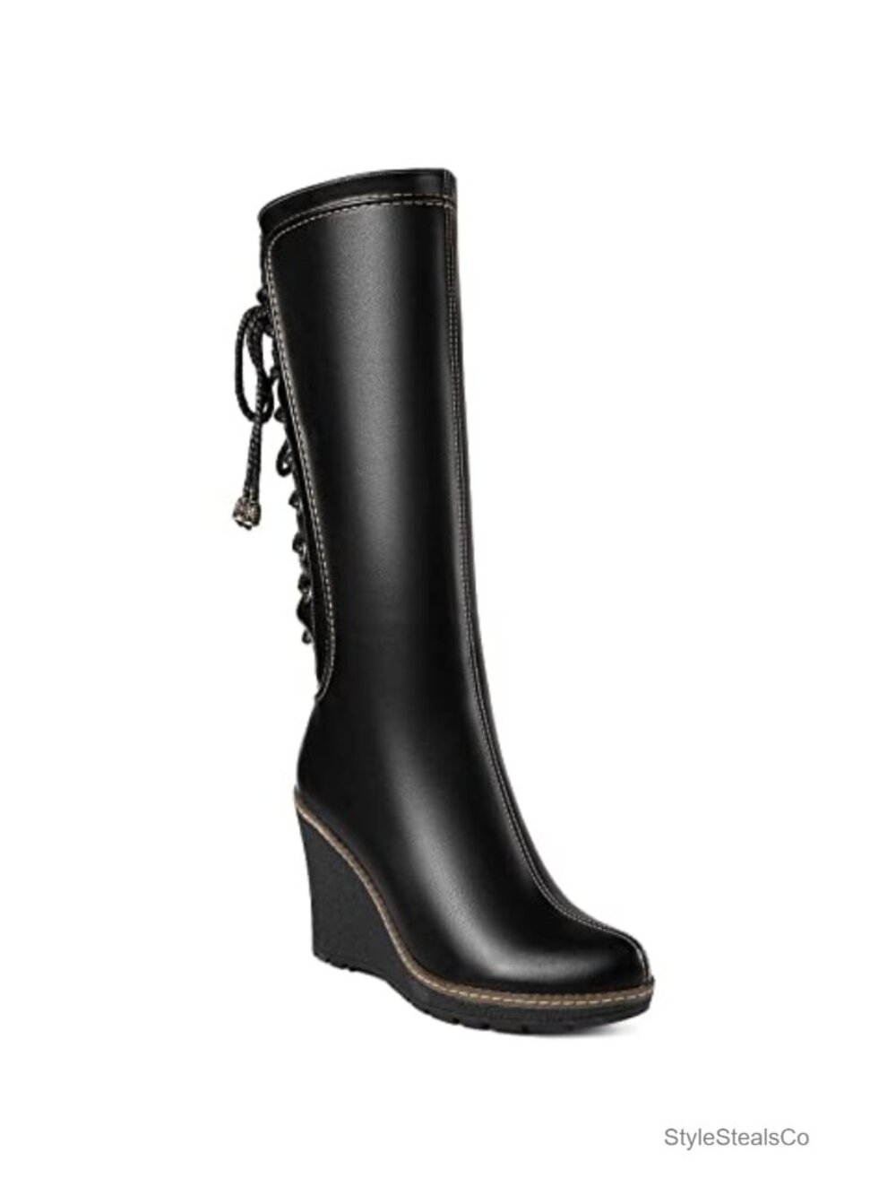Wedge Boots Faux Leather Knee-High Stitch Detail Side Zip